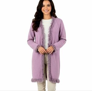 Poppy Wool Blend Fringed Cardigan Pink Button Front Waist Tie Nubby Boucle Knit